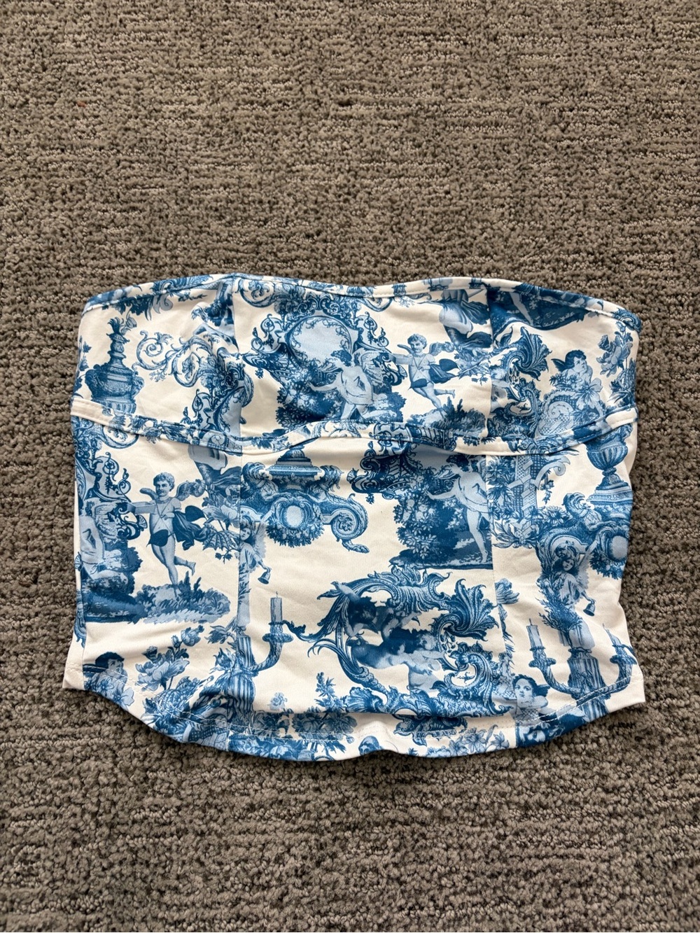 SHEIN Blue and White Strapless Tube Top with Toile Trim